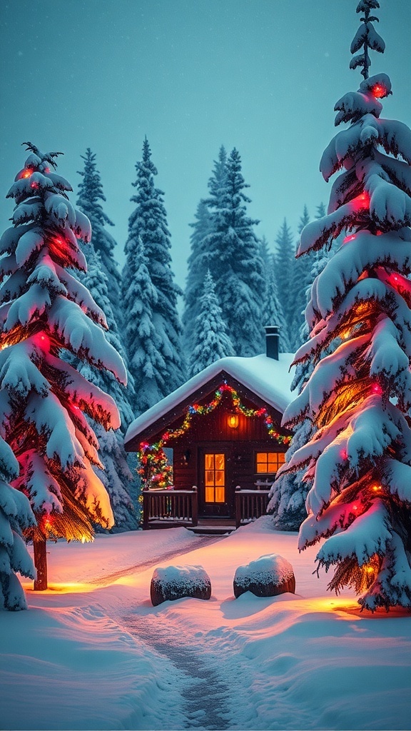 A cozy cabin in a snowy landscape with Christmas lights, perfect for a holiday wallpaper.